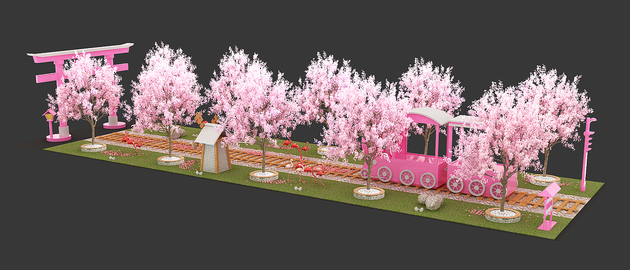 春季美陈,商业美陈,打卡点,美陈,小火车,樱花