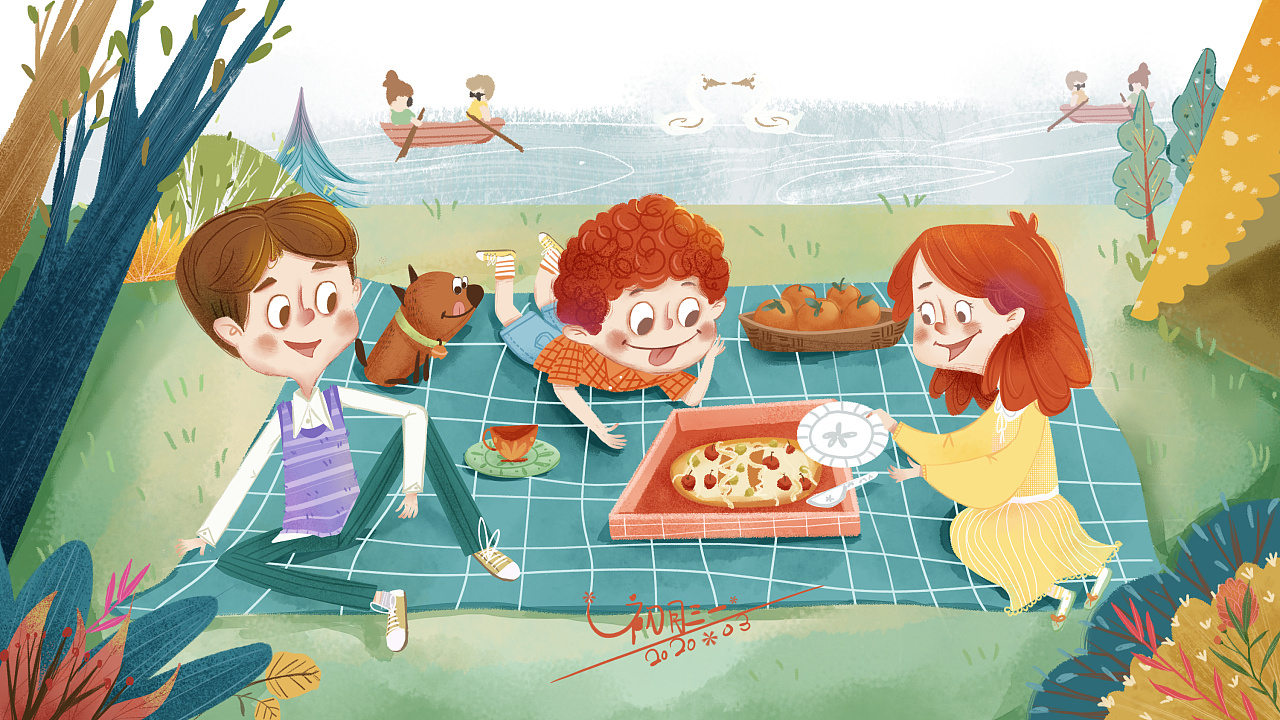儿童插画踏春野餐