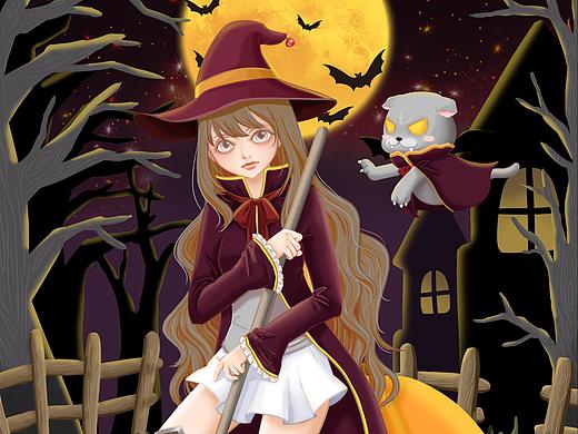 万圣节 拿着扫把的魔女与魔法猫菲菲