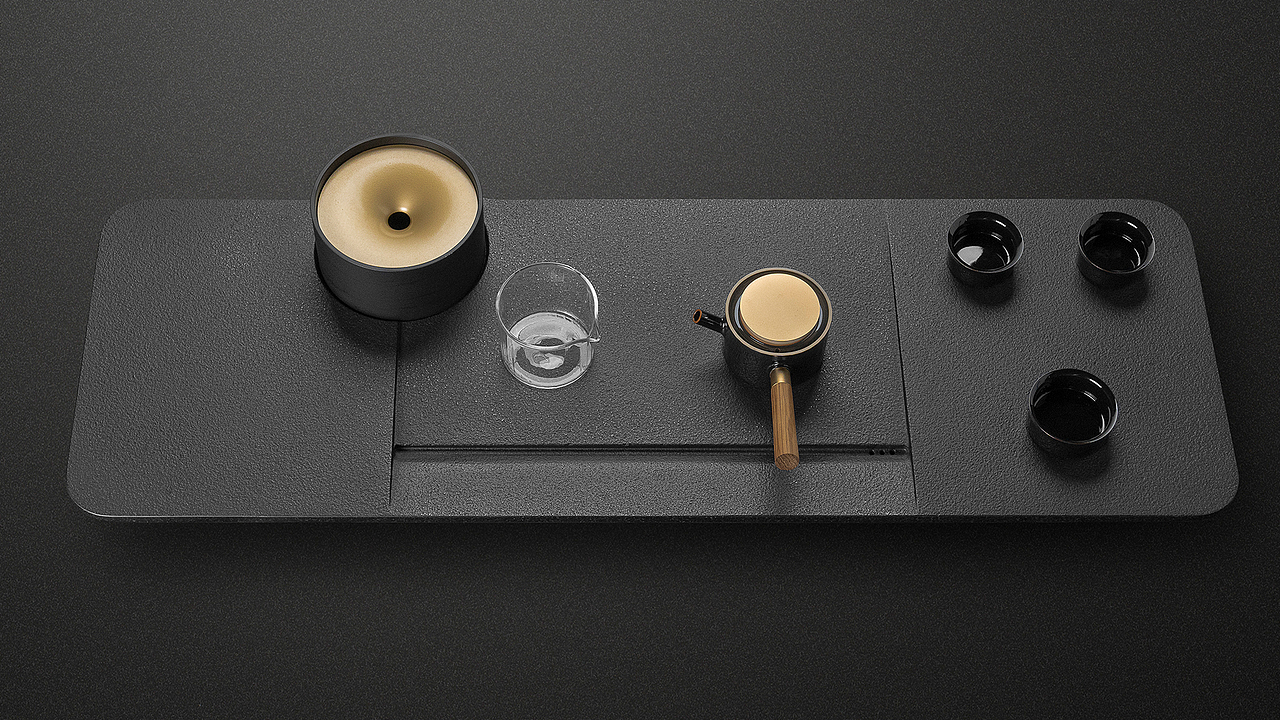 整个茶盘采用了开放式的三段设计,没有边界,但是分了操作区,展示区,收纳区,三个部分。