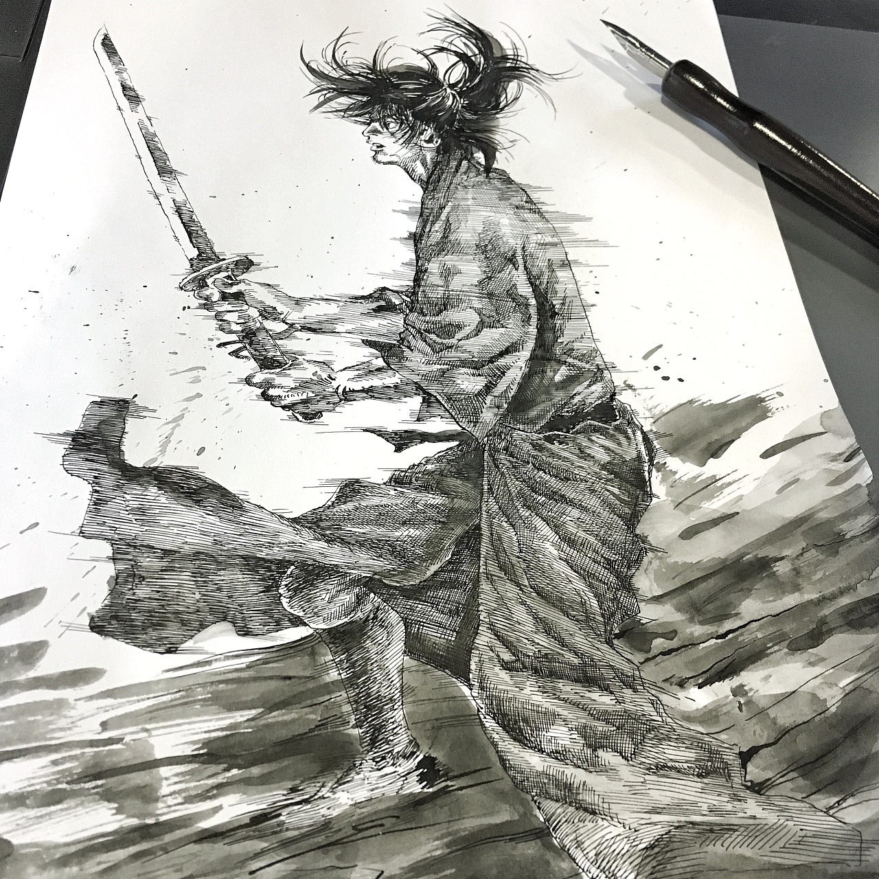 画材画的几组水墨尝试作品,这幅是临摹大师井上雄彦的作品《浪客行》