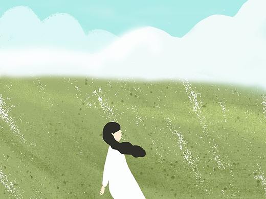 蓝天草地微风白裙子女孩