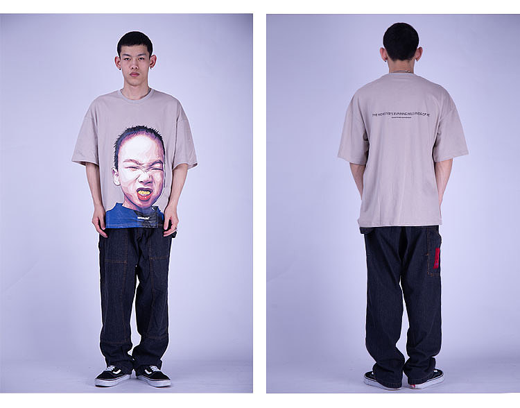 短袖潮流小孩嘻哈宽松复古潮牌街舞五分袖情侣装