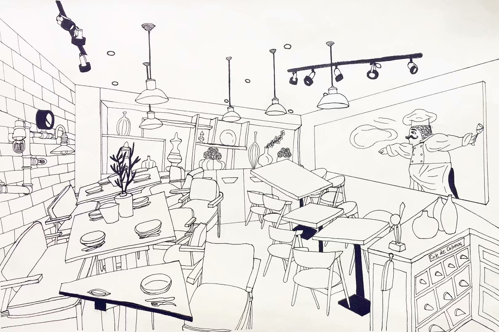 咖啡店室内设计,风景插画与自拍一张