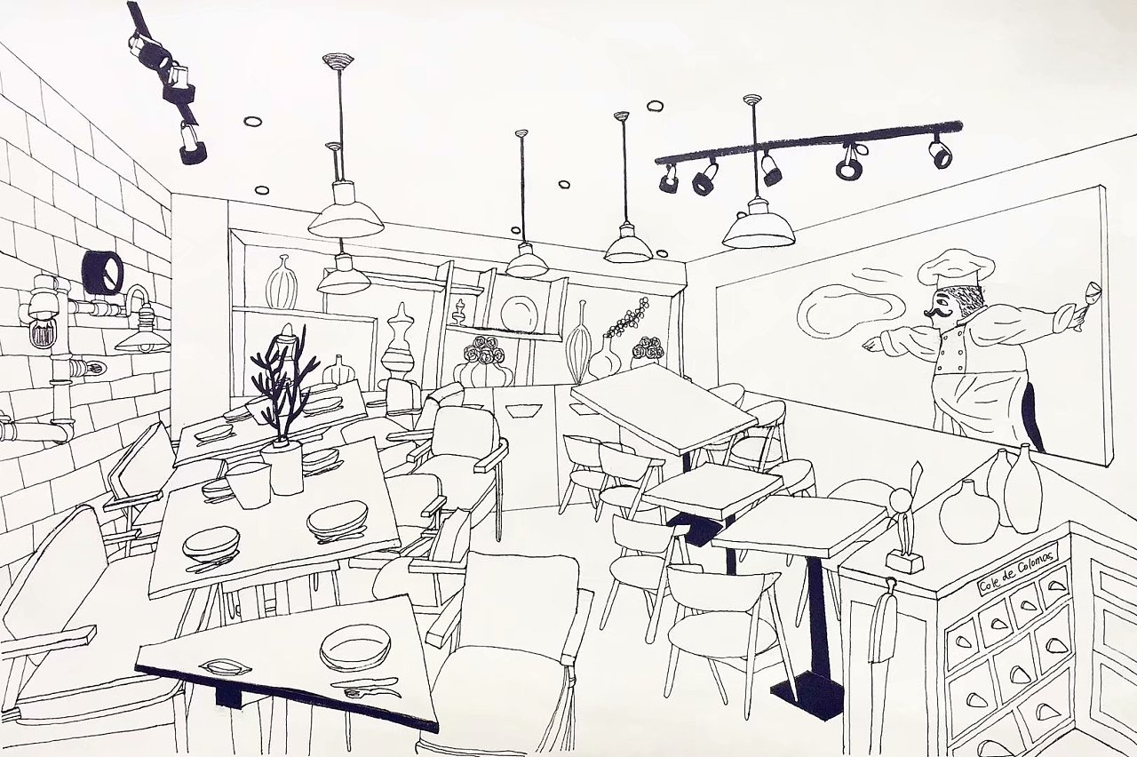 咖啡店室内设计,风景插画与自拍一张