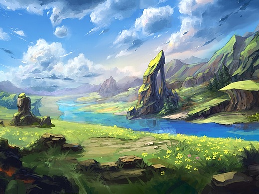 苍蓝野外场景插画-游戏原画78002年前山谷战斗概念插画-概念设定37002