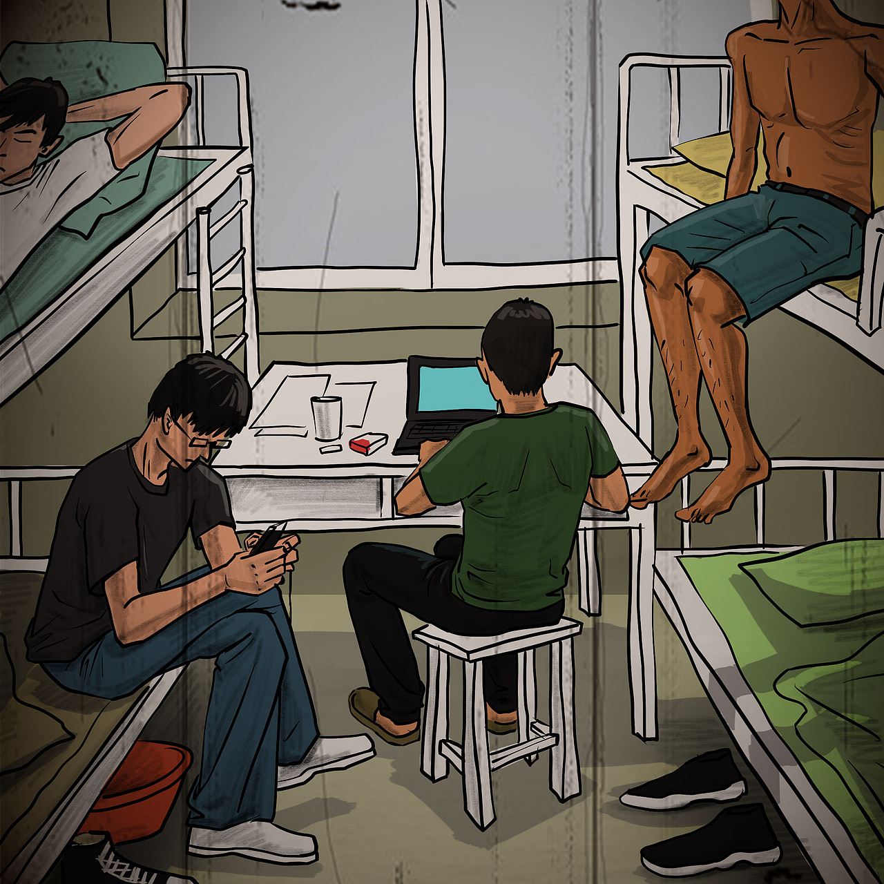 三哥的宿舍一共有四个人,另外三个人分别是井生、长帅和江峰,大家都是一个班的,平常相处得很融洽,假期的时候还会轮流去每个人的家中去玩,所以大家都很熟识。