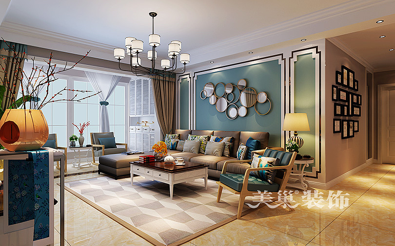 谦祥万和城装修，140平三室两厅混搭效果图——沙发背景墙