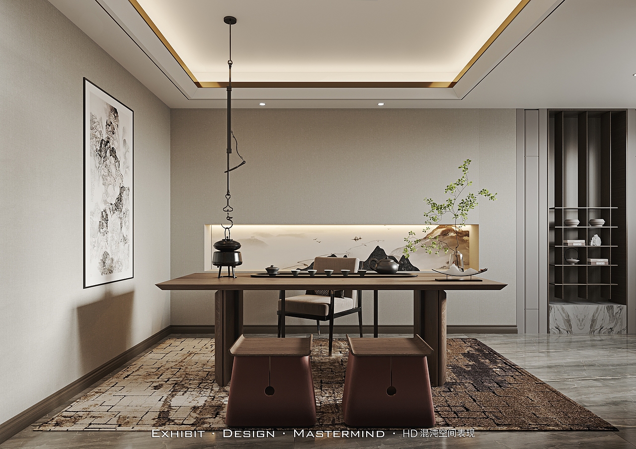 新中式挑空别墅客餐厅 ▏混沌空间写实表现原创