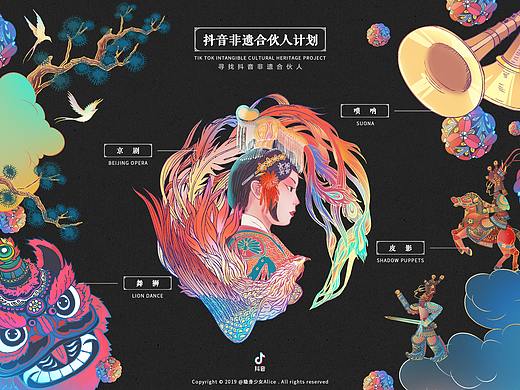 「抖音非遗合伙人计划」插画海报 京剧x皮影x唢呐x舞狮