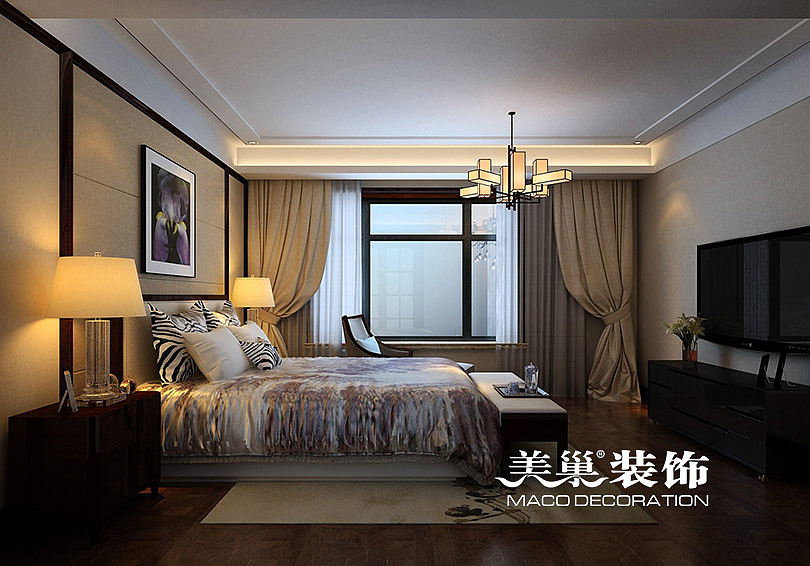 郑州林溪湾270平别墅新中式风格顶与地采用圆的手法,有天圆地方的浪漫意境————卧室