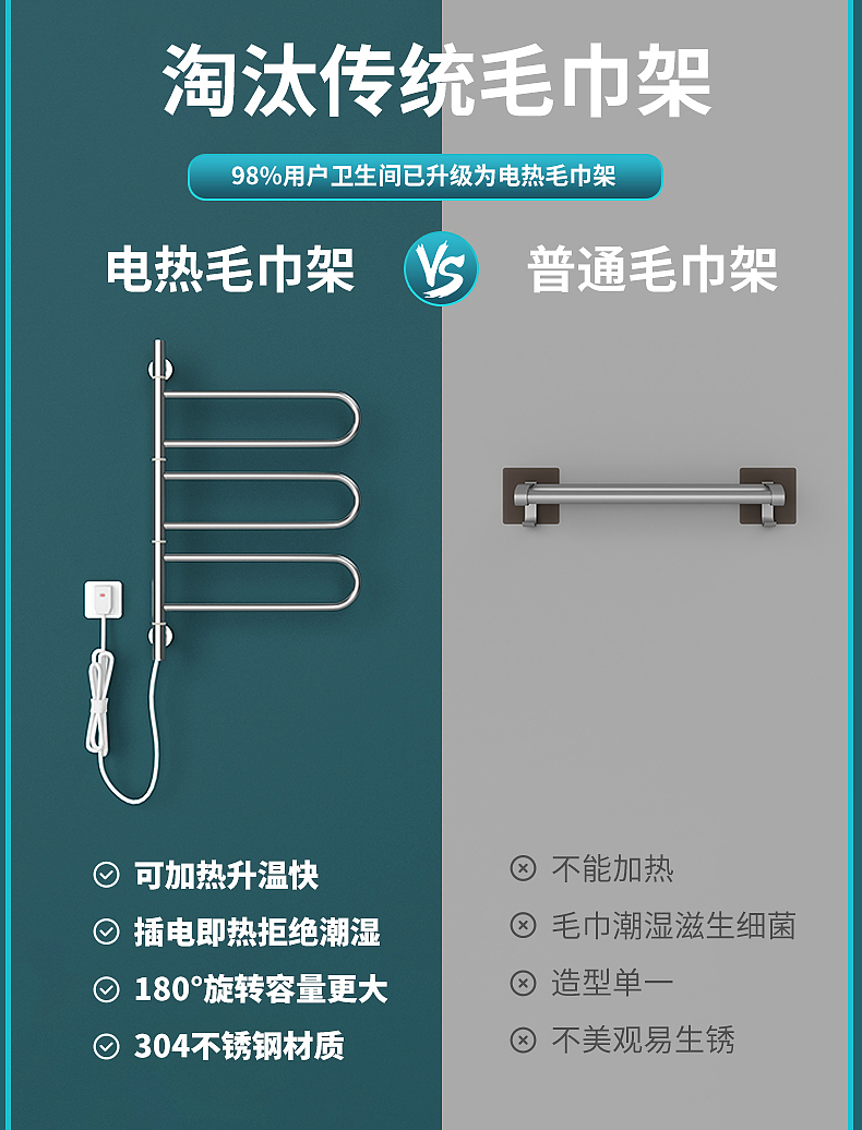 华峪 电热毛巾架曲管不锈钢详情