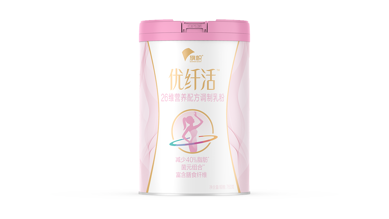 “花瓶亦是实力派”设计运用粉色调,辅以金色,传达消费者美丽时尚,高级品质的包装既视感。腰线的轮廓以及两翼线条的结合,围绕的彩虹线圈表达26维全面营养补给,且具体纤体功能。包装美感与RTB完美融合。