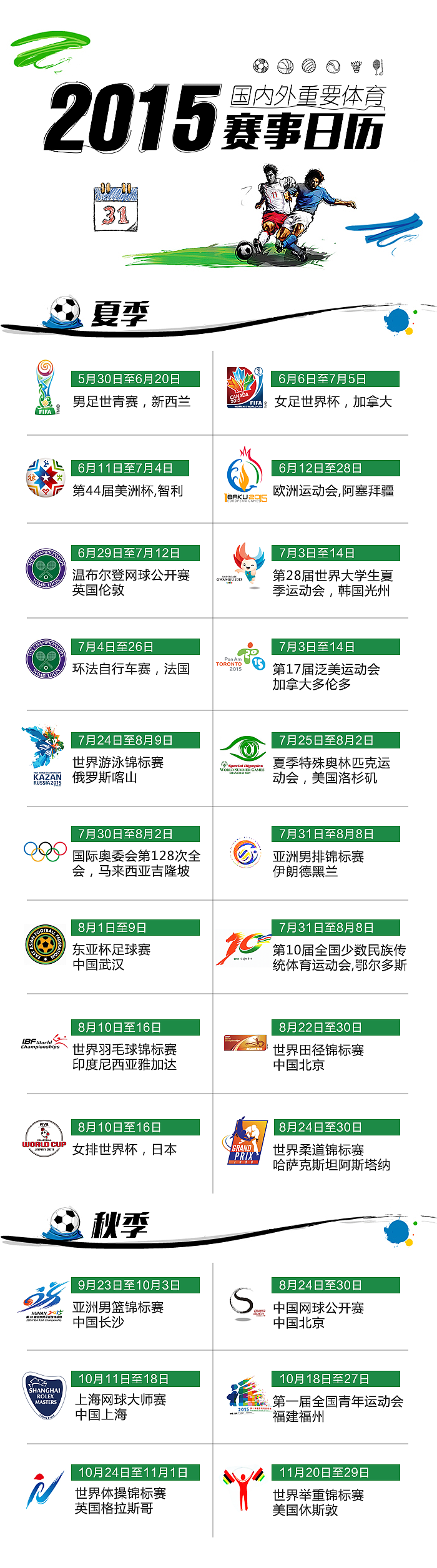 2015国内外重要体育赛事日历