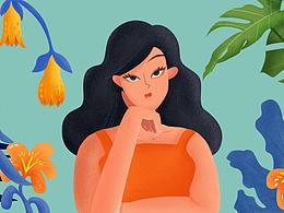 植物背景女孩插画