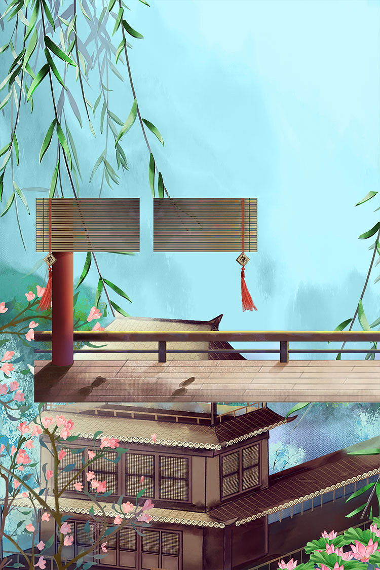 ps古典建筑场景中国风庭院游戏背景水彩插画海报设计