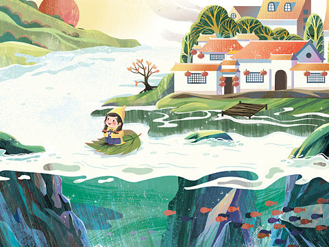 独自旅行，寻找快乐/扁平肌理儿童插画/风景海报