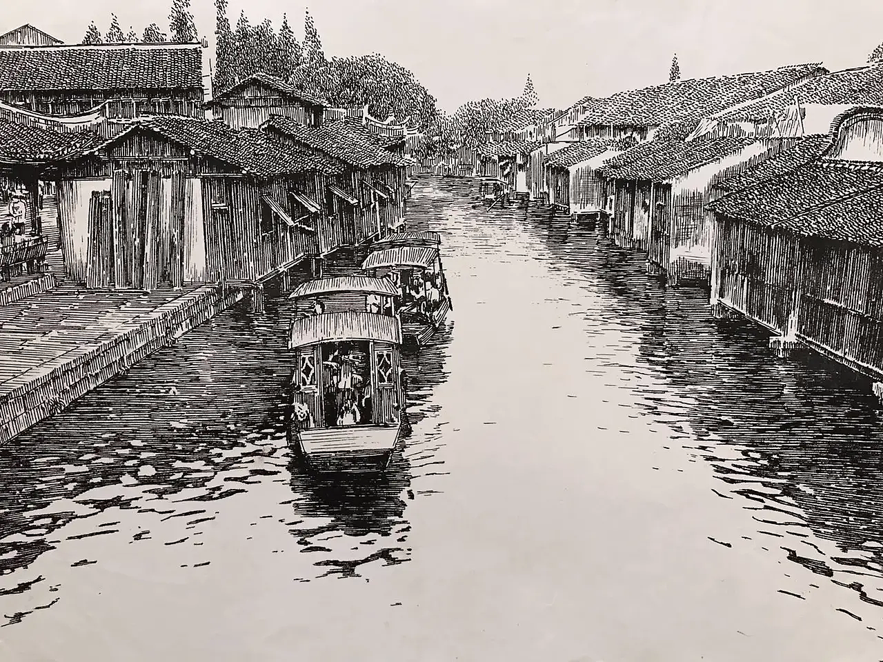 钢笔画江南水乡