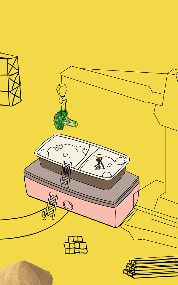 一个工地场景，饭盒作为主体建 筑，上面有建筑工人在作业，塔吊负责吊来一些材料，下面还有一个要上来的工人，建筑周边还会一些材料（可用桂皮等食材代替）
