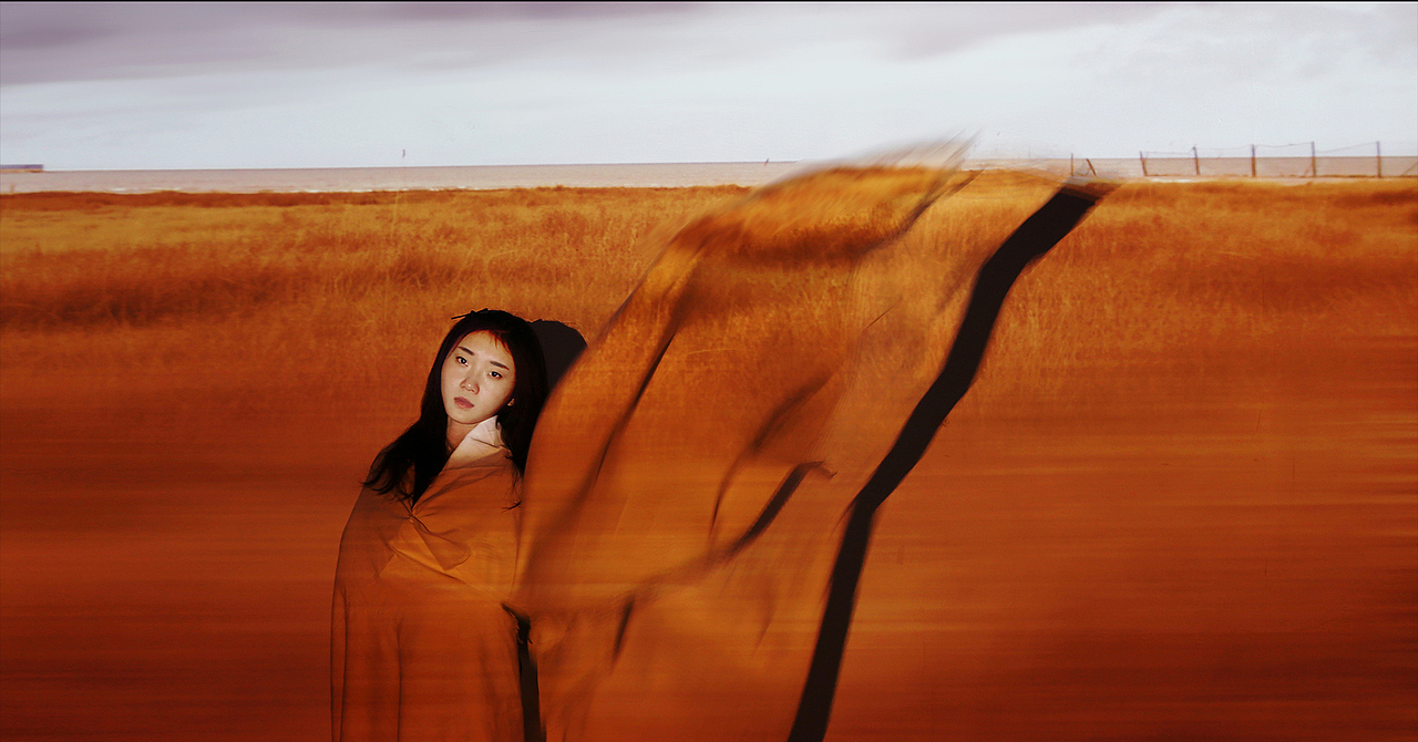 青海省青海湖/模特/杜文婷/在环青海湖行驶途中拍下的背景,极速行驶的视角在摄影棚中与模特的道具配合。