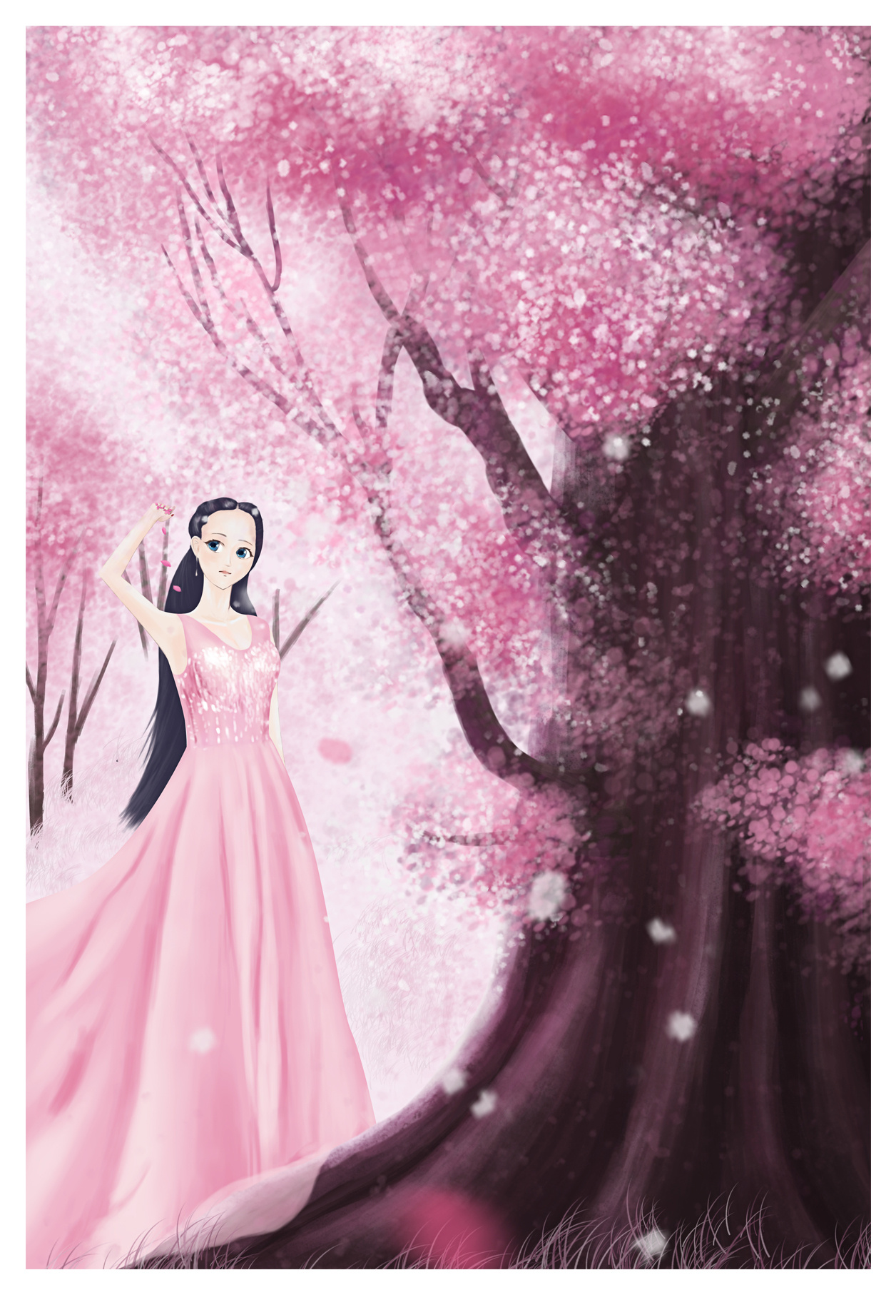 手绘粉色樱花树下的小女孩