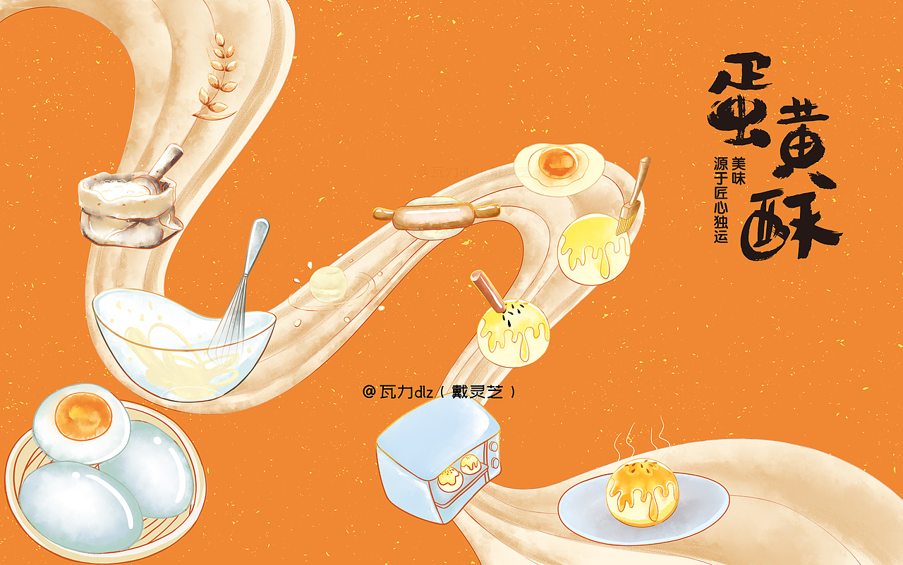 水彩风格的烘焙流程插画,运用于蛋黄酥礼盒的包装设计