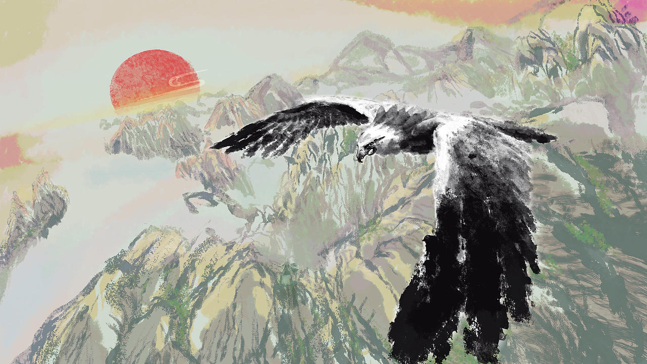 鹏程万里大鹏展翅水墨风中国风国画风插画创作