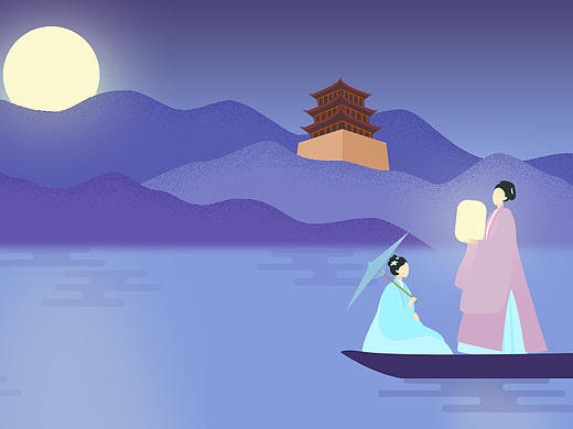 扁平插画-赏月
