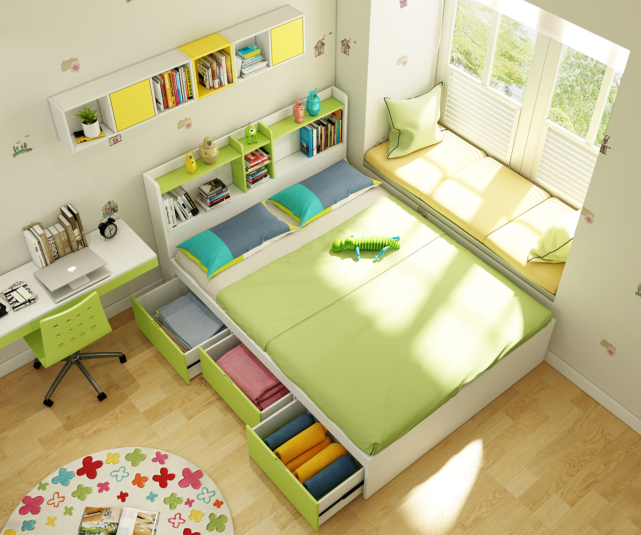 现代轻奢儿童床、懒人沙发和装饰画3d模型下载_模型ID:37039-让提网