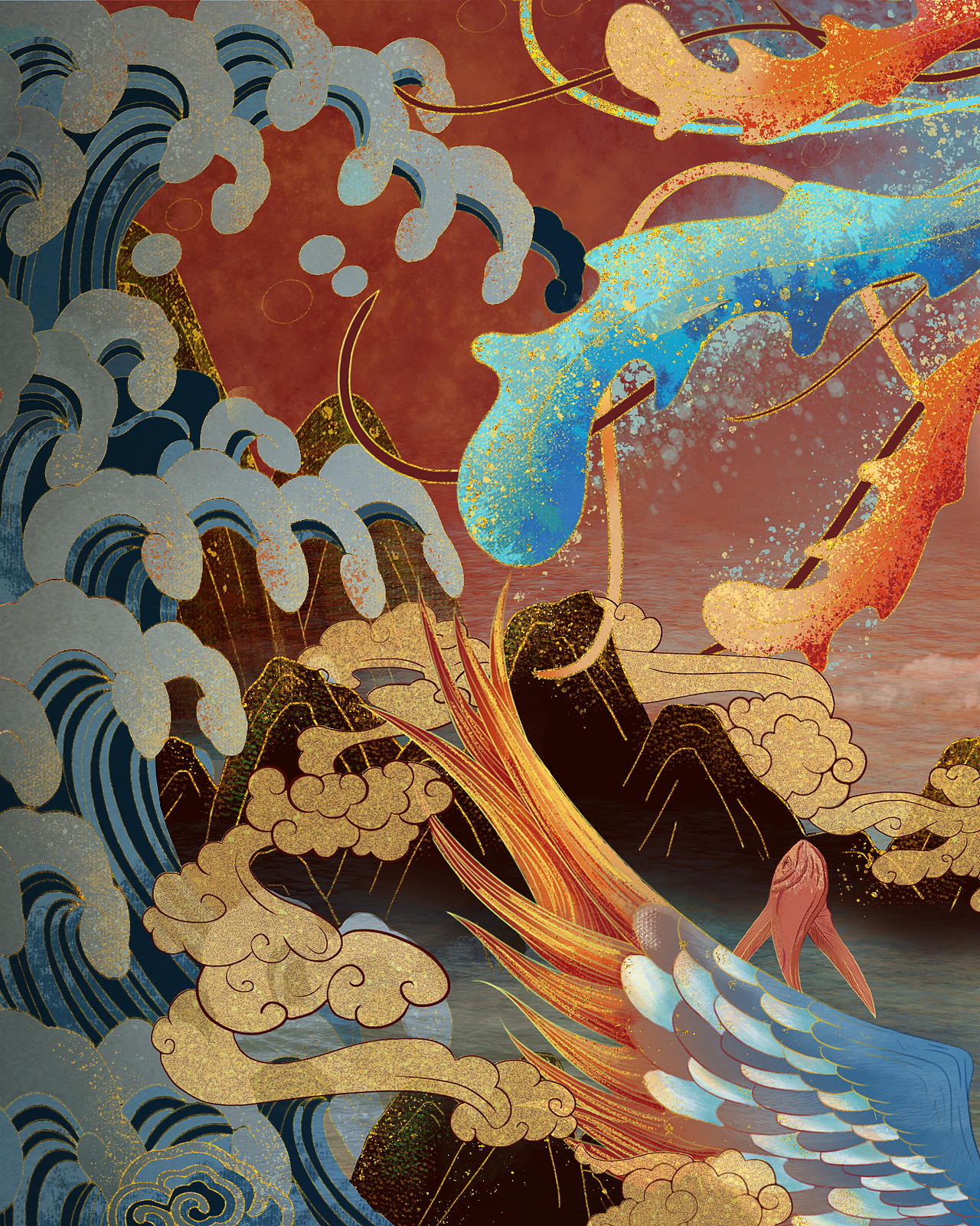 原创国风商业插画中国神话故事系列精卫填海