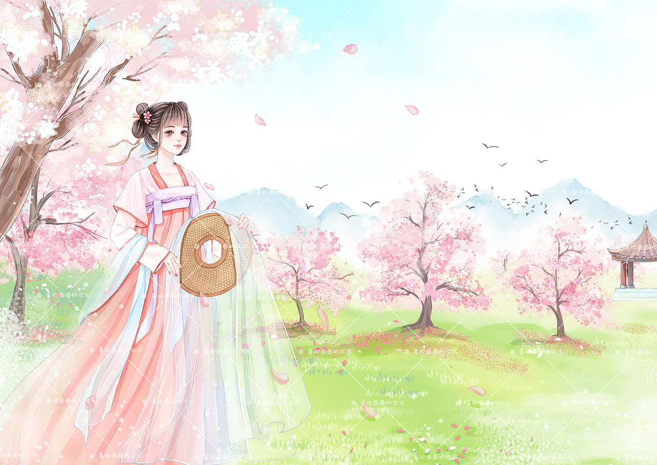 桃花林少女（图ZMjUyMjk0MDE2） - 创作习作 - 站酷设计师水水插画原创素材 - 站酷ZCOOL