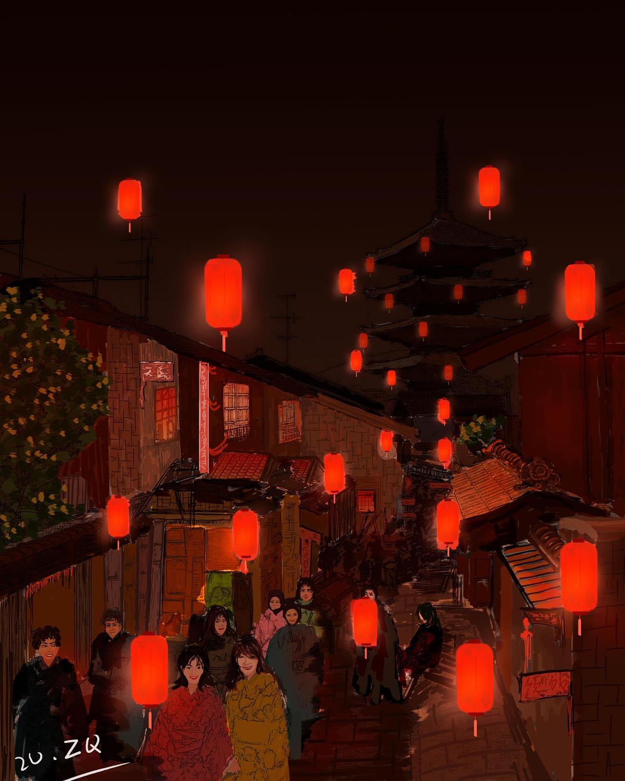 古镇灯笼节夜景|插画|创作习作|魔音兮香菜 - 原创