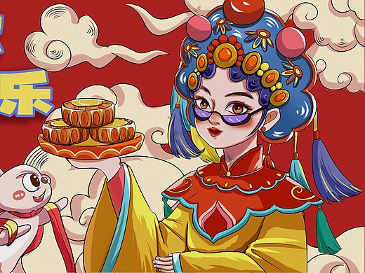 中秋国潮风京剧戏曲人物吃月饼