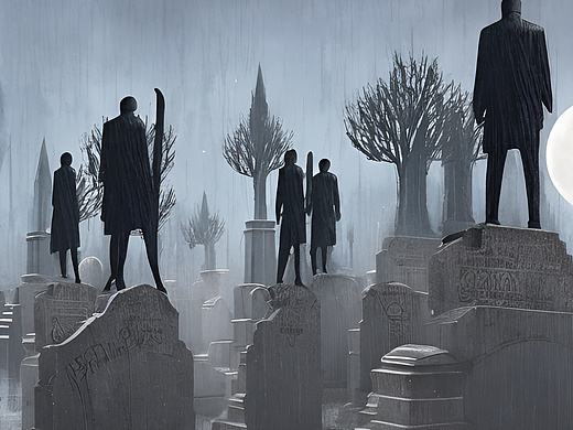 #站酷梦笔#下雨的墓地 有月亮 黑衣人（个人主页-ZNjM2OTY0Njg=） - AI作品 - 站酷设计师韩喵喵原创素材 - 站酷ZCOOL