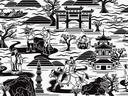 宋代人物出行图 茶山 茶园 古建筑黑白插画手绘
