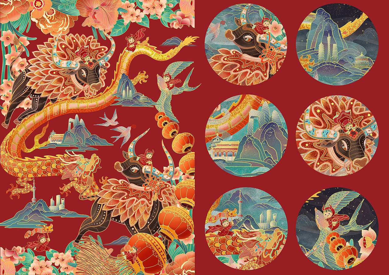 2021牛年新春贺岁国风插画《牛运亨通》