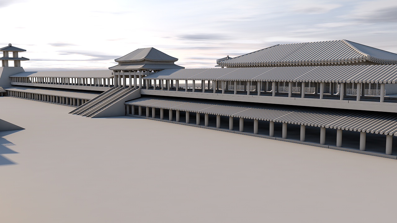 大门远景,一圈都是走廊,双层走廊和单层走廊