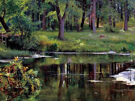 风景油画作品《林边小池塘》
