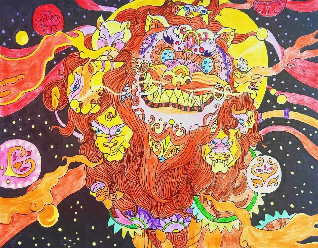 幸福春节绘画舞狮图片