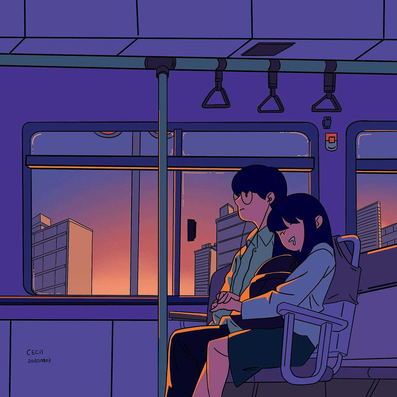 procreate临摹 紫色公交车内的男女