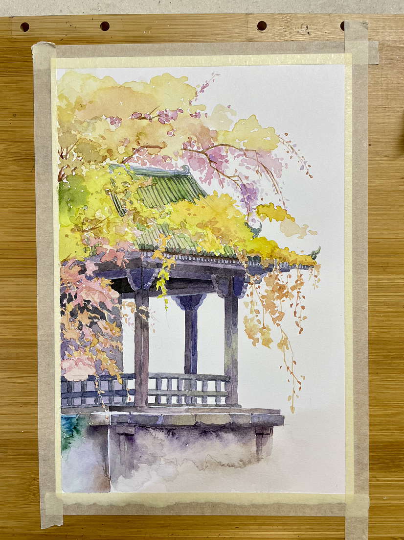 水彩手绘古建筑凉亭