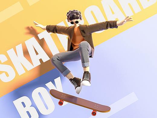 C4D人物IP建模渲染-滑板少年