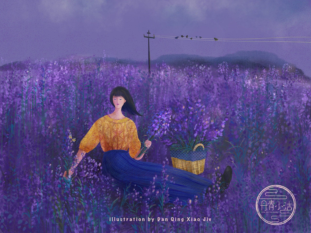《薰衣草里的沉思》
蓝紫色的薰衣草与远处的山与天空融在一起<br>女孩穿着手工编织的橘色毛衣与牛仔蓝色长裙<br>她已经采了好大一篮子花朵<br>远处的电线上有几只小麻雀在上面休憩<br>幽香的薰衣草让女孩沉醉<br>她陷入深深的思绪<br>以至于没有发现要采摘的那支花上有两只采蜜的🐝<br>
