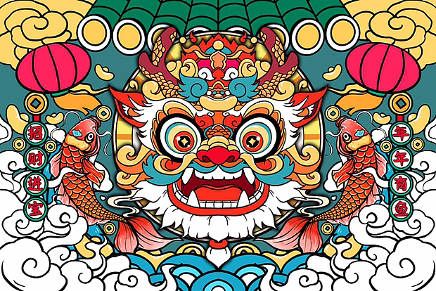 龙年喜庆国潮谐音梗插画。