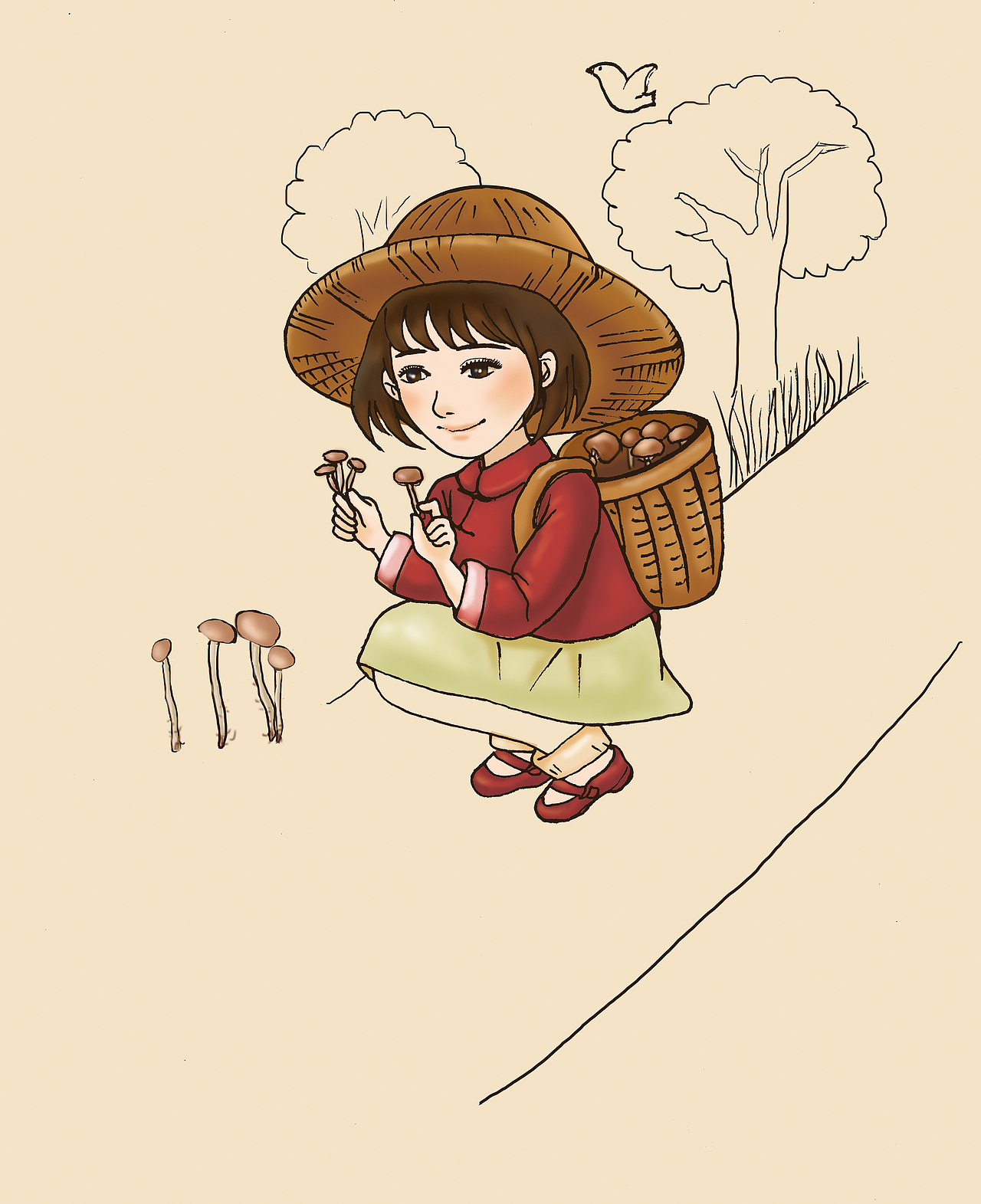 包装小插图，采金针菇的小姑娘（图ZMzgxODk2NjA=） - 商业插画 - 站酷设计师皮皮girl原创素材 - 站酷ZCOOL