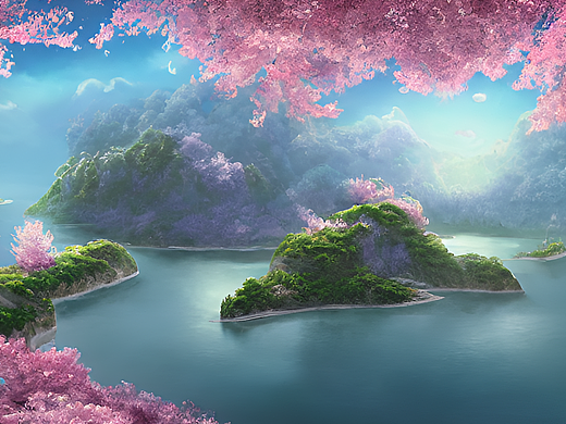 #AI创作实验室#鲲鹏，樱花，小岛，云，花瓣
