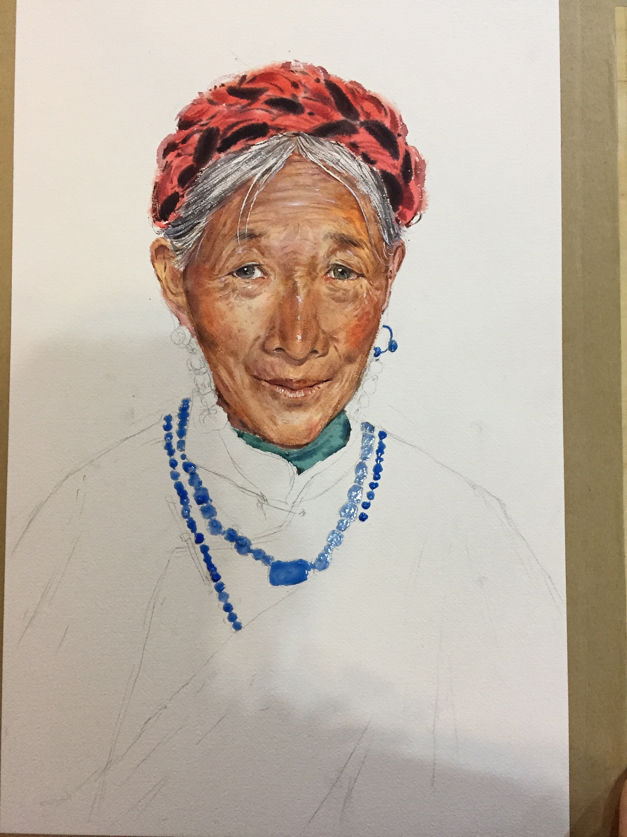 一民族老人水彩过程