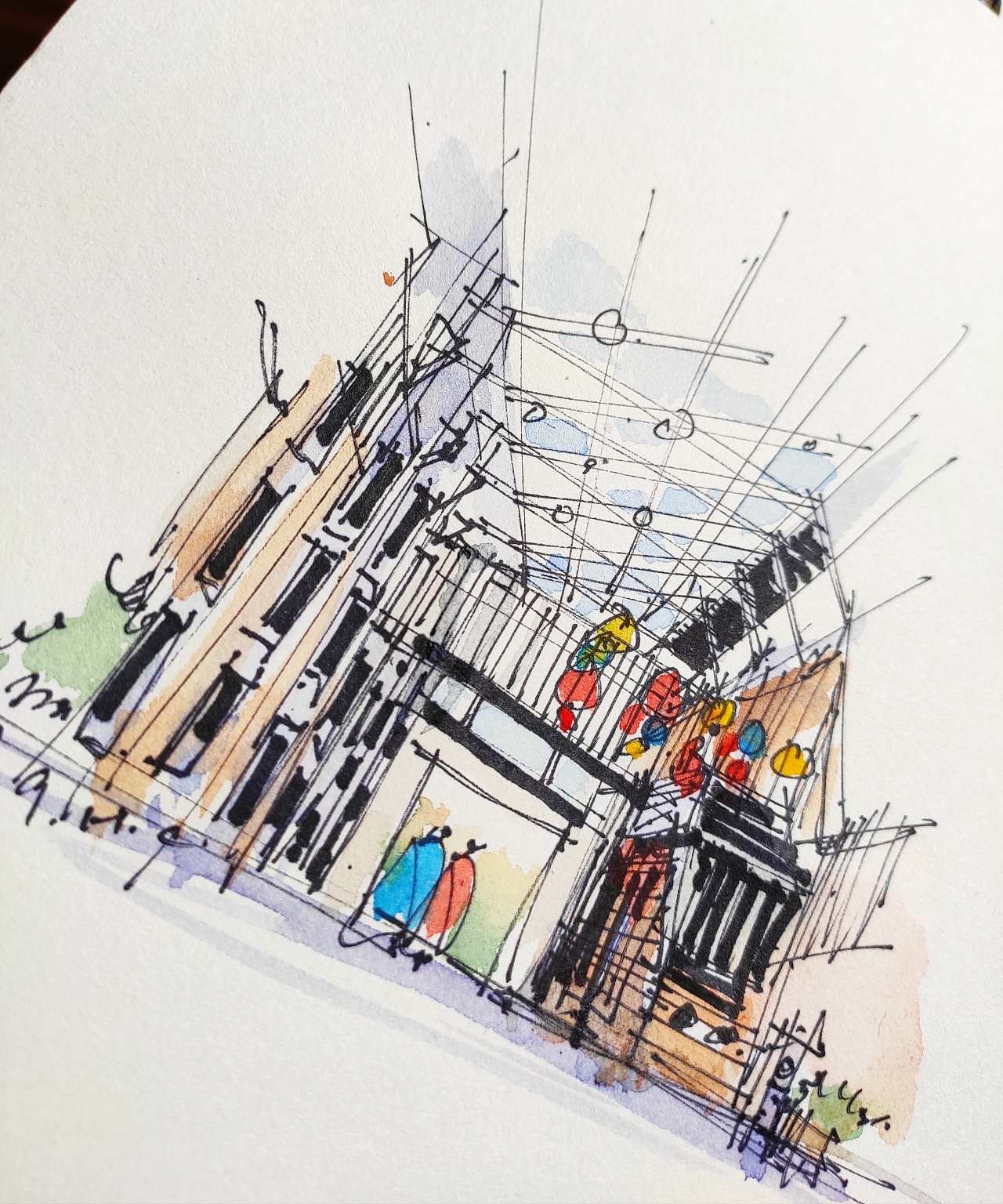 钢笔淡彩建筑风景速写