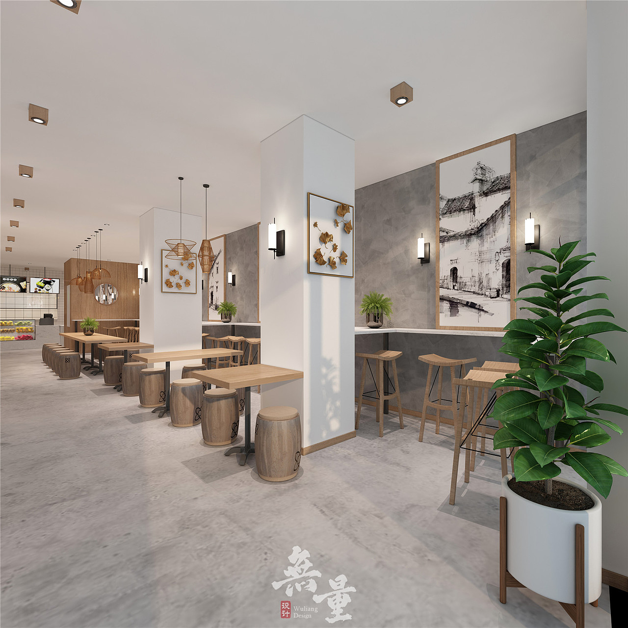 该就餐区因为整个餐饮空间本身建筑设计的原因,该区域都是采用桌椅靠墙的设计,这样加大整个空间的整体利用感,让食客在这里不会有拥挤的感觉。虽然是靠墙的设计,但是当坐落在靠墙的座位上时丝毫不会感觉到压抑无聊,因为整个墙壁上都装饰有搭配整个餐厅意境的壁画及灯饰和各类小配饰,绿植等,这种设计风格正是无量装饰设计师最独到灵感所在。