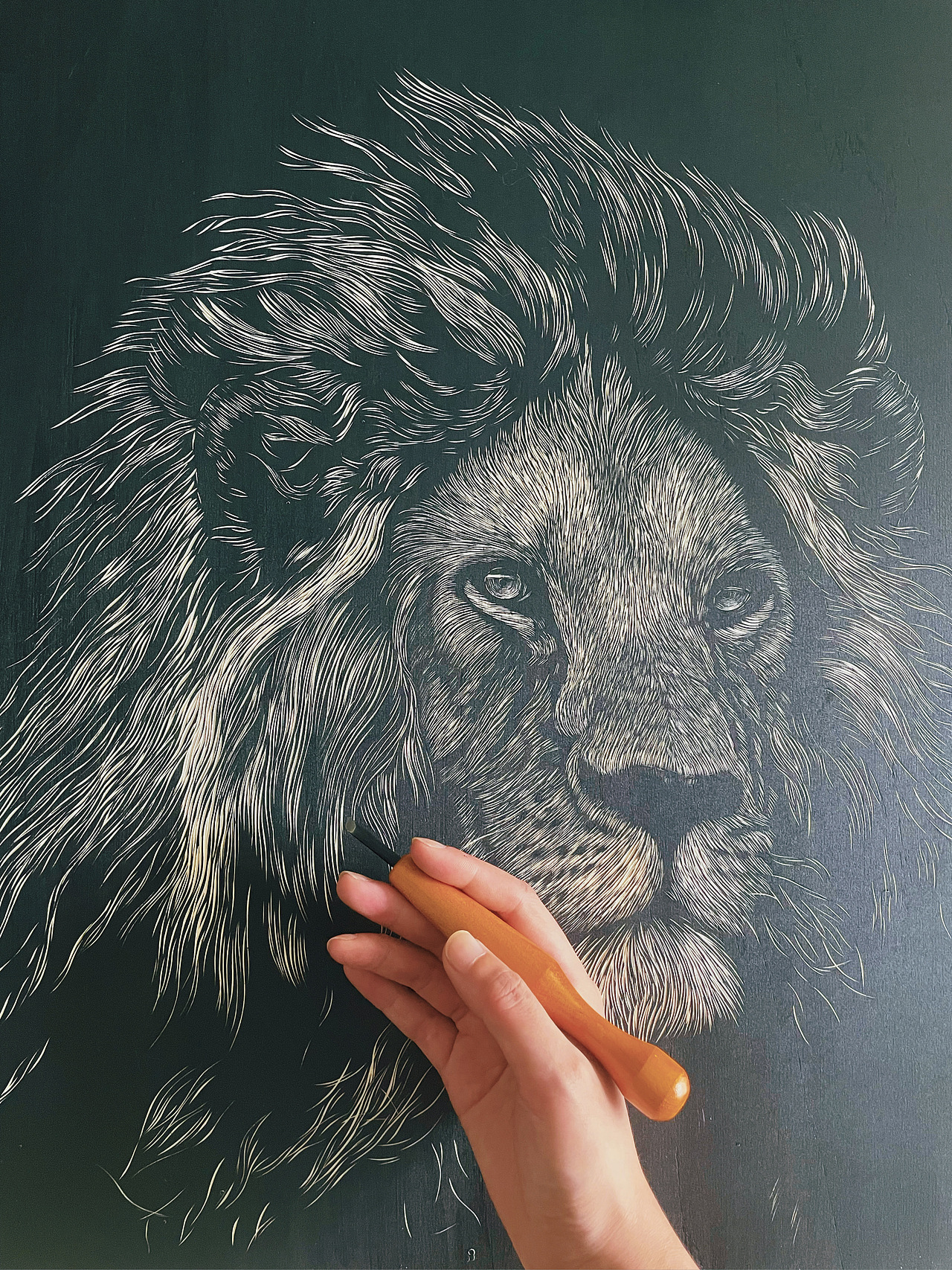 手工雕刻黑白木刻版画·狮子